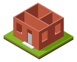 House construction Isometric stage. Visualization of modern building process. Construction of walls phase