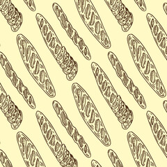 a pattern from a baguette. seamless pattern of a long yellow baguette drawn in doodle style randomly arranged on a beige background for a bakery template