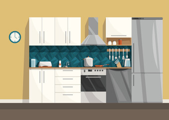 Cartoon kitchen interior. Furniture and household items in the dining room. Room with stove, cupboard and fridge. Cooking banner. Vector illustration in cartoon flat style