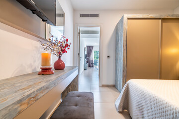 Comfort bedroom in luxurious style. Luxurious Bright Bedroom With Comfortable King Size Bed and Modern Furniture. 