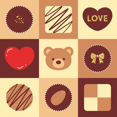 valentine’s day vector background with a set of chocolate icons for banners, cards, flyers, social media wallpapers, etc.