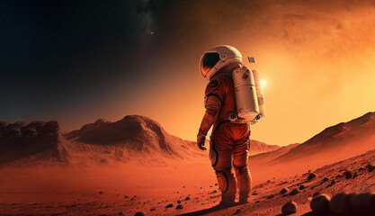 Astronaut op mars de rode planeet - landschap met woestijn en bergen, generatieve ai