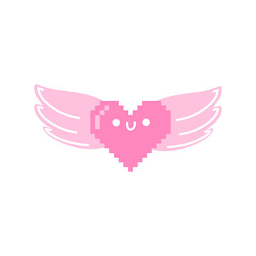 Cute pixeled heart with wings. Vector illustration of y2k, 2000s, 1990s, 1980s graphic design. Comic element for sticker, poster, graphic tee print, bullet journal cover, card. Bright colors
