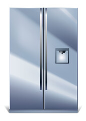 Gray vertical fridge for preserve food. Silver refrigerator with two doors. Modern cooler for home, products storage