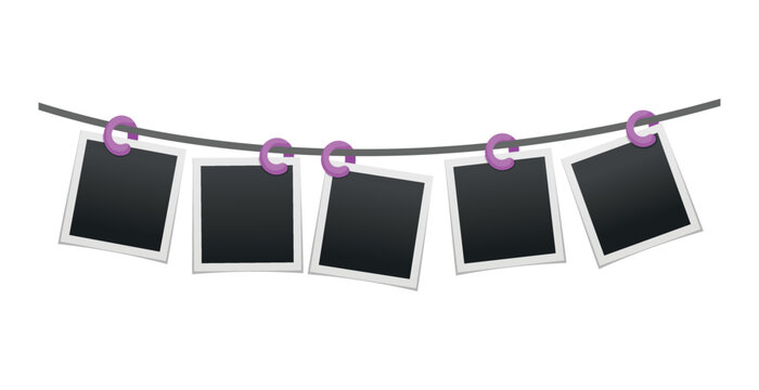 Photo frames hanging on rope attached with clothes pins or clothespin. Blank instant photo card icons isolated on white background