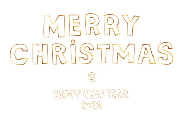 Merry Christmas and Happy New Year 2023, beautiful hand drawn font, calligraphy. White text with golden outline