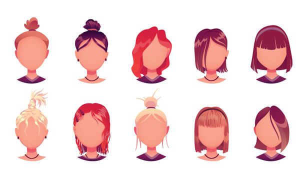 Face construction element, avatar creation with different head templates. Vector cartoon set of heads. Head parts pack for face generator isolated on white background