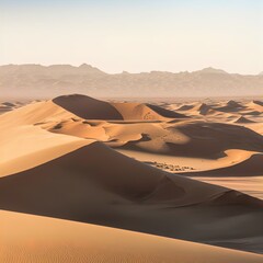 A desert stretching into the horizon with endless sand dunes.	
