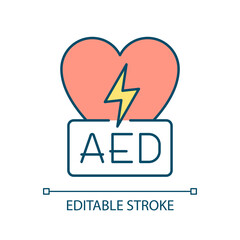 Automated external defibrillator RGB color icon. Electronic device. Heart rhythm. Emergency equipment. Isolated vector illustration. Simple filled line drawing. Editable stroke. Arial font used - obrazy, fototapety, plakaty