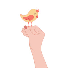 Bird sits on hand. Vector Illustration for printing, backgrounds, covers and packaging. Image can be used for greeting cards, posters, stickers and textile. Isolated on white background.