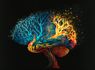 Consciousness, brain as a tree, sparks, network, connections, synapses, neurons. Generative AI