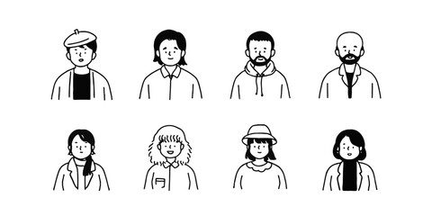 Outline avatars profile set office workers , hand-drawn icon style , flat line vector.