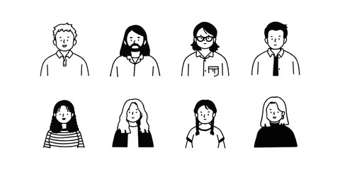 Outline avatars profile set office workers , hand-drawn icon style , flat line vector.