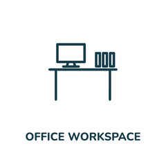 Office workspace desk icon. Computer table line version, outline vector 