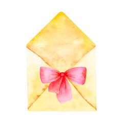 Watercolor illustration of square envelope with a red bow. Hand drawn element for compositions.