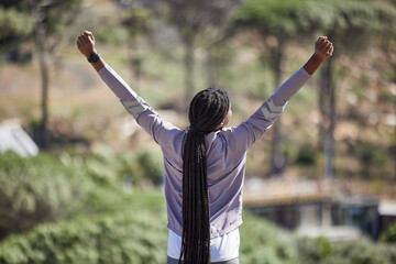 Fitness success, winner woman and a forest for marathon competition, exercise training or nature...