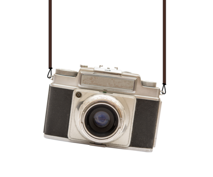 Vintage camera hanging on transparent no background cutout