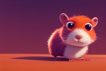 On a purple background, a cartoon of a cute gerbil with big eyes is displayed.