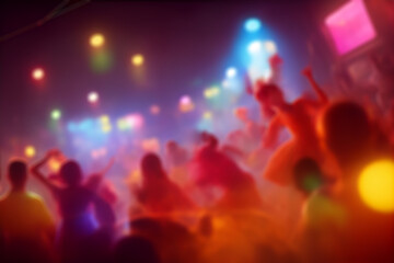 Naklejka na ściany i meble Blurred background revelry shindig. Night party with colored light 