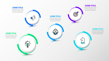 Infographic template. 5 standing gears with icons in space