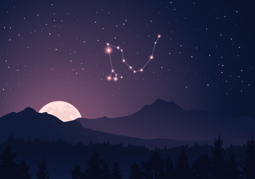 Night landscape with mountains and constellation of Draco.  Stars in the night sky. Constellation scheme.