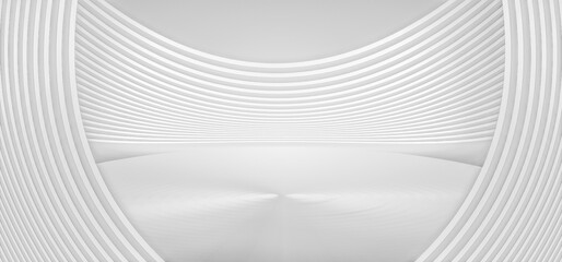 3D rendering of white curved stage display platform futuristic spatial background