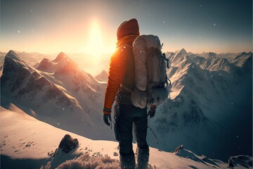 Digital illustration about climber on the mountain. - obrazy, fototapety, plakaty