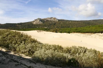 Papier Peint photo Plage de Bolonia, Tarifa, Espagne La plage naturelle et sauvage de Bolonia, située à une vingtaine de kilomètres au nord de Tarifa en Andalousie en Espagne, a une grande dune de sable blanc de 30 mètres de haut et 200 mètres de large