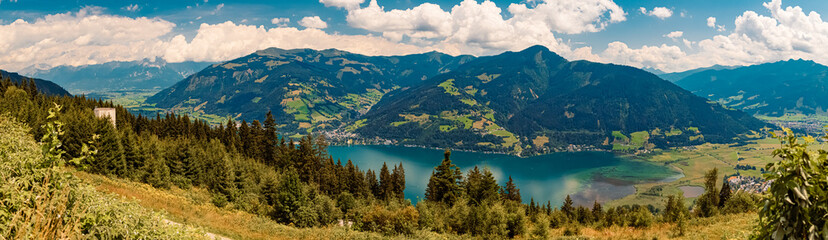Naklejka na ściany i meble High resolution stitched panorama at the famous Schmittenhoehe summit, Zell am See, Zeller See lake, Salzburg, Austria