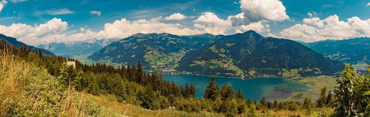 High resolution stitched panorama at the famous Schmittenhoehe summit, Zell am See, Zeller See lake, Salzburg, Austria