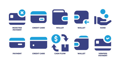 Payment icon set. Duotone color. Vector illustration. Containing a rejected payment icon, credit card icon, wallet icon, hand icon, payment icon, cash flow icon, verified payment icon, and other
