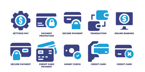 Payment icon set. Duotone color. Vector illustration. Containing a settings pay icon, payment protection icon, secure payment icon, transaction icon, online banking icon, and other
