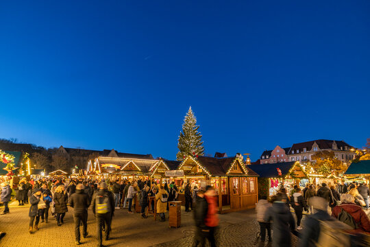Weihnachtsmarkt in Erfurt mit Riesenrad, Baum und Krippe zur blauen Stunde.