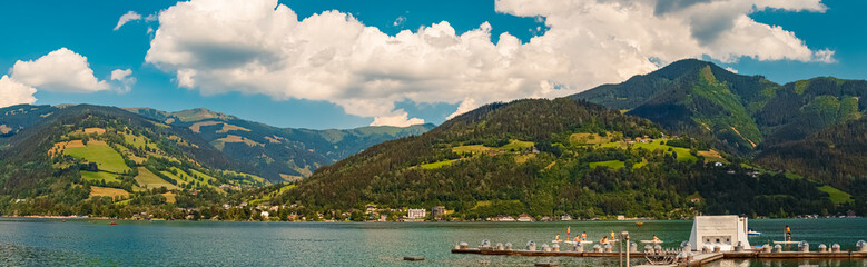 High resolution stitched panorama at the famous Zeller See lake, Zell am See, Salzburg, Austria