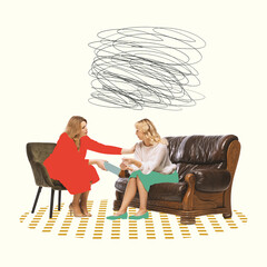 Contemporary art collage. Tangled thoughts. Woman attending psychologist, sitting on couch and...