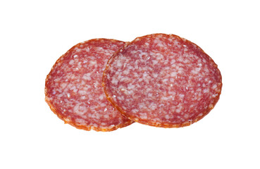 Sliced salami isolated on white background with transparent PNG. Sausage top view.