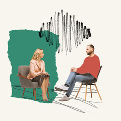 Contemporary art collage. Mature man having session with woman, psychologist. Revealing and...