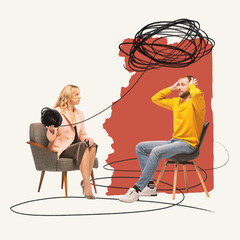Contemporary art collage. Female psychologist helping man to organize tangled thoughts. Obsessive...