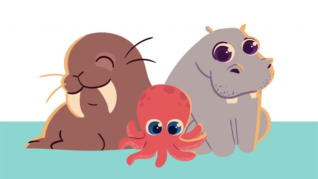 three cute animals characters animation