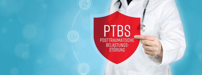 PTBS (Posttraumatische Belastungsstörung). Arzt hält rotes Schutzschild umgeben von Icons im Kreis. Medizinisches Wort im Symbol