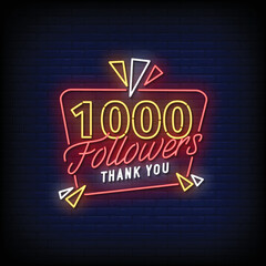 neon sign 1000 followers thank you with brick wall background vector illustration
