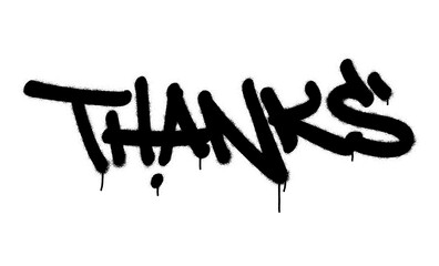 Spray graffiti tag THANKS over white.