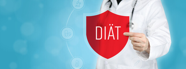 Diät. Arzt hält rotes Schutzschild umgeben von Icons im Kreis. Medizinisches Wort im Symbol