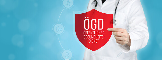 ÖGD (Öffentlicher Gesundheitsdienst). Arzt hält rotes Schutzschild umgeben von Icons im Kreis....