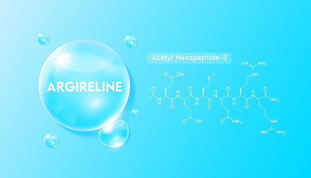 Argireline (Acetyl hexapeptide-3)  and structure. Moisturizer collagen solution in the shape blue drop water. Beauty treatment nutrition skincare design. Medical concepts. 3D Realistic Vector.