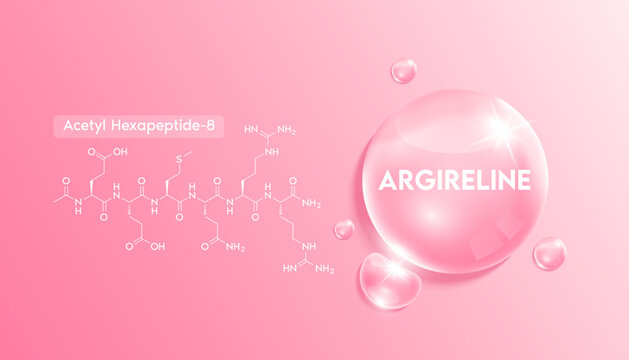 Argireline (Acetyl hexapeptide-3) and structure. Moisturizer collagen solution in the shape pink drop water. Beauty treatment nutrition skincare design. Medical concepts. 3D Realistic Vector.