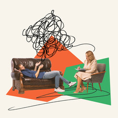 Contemporary art collage. Complicated thoughts. Man lying on couch and talking to woman,...