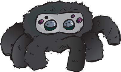the Halloween monster. the layout of a children's toy for the holiday. a big black spider. lots of eyes. a nightmare