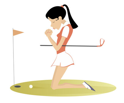 Young golfer woman on the golf course. 
Young golfer woman kneeling and praying for good shot
