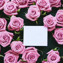 White pink roses with card, valentines day card, romantic card with pink roses, generative AI, illustration